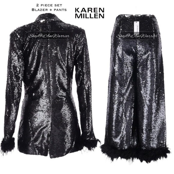 Karen Millen NWT 2 PC black feather trim sequin  blazer + pants *shop@iamwarrior - Picture 10 of 11